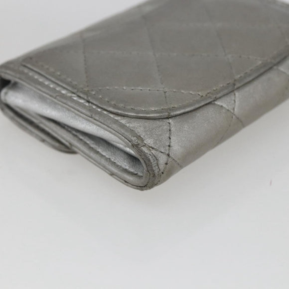 CHANEL Matelasse Card Case Leather Silver CC Auth 171336