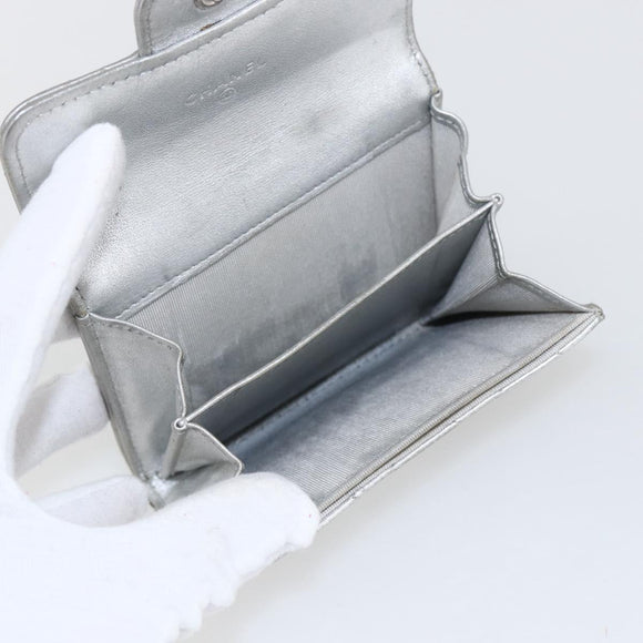 CHANEL Matelasse Card Case Leather Silver CC Auth 171336