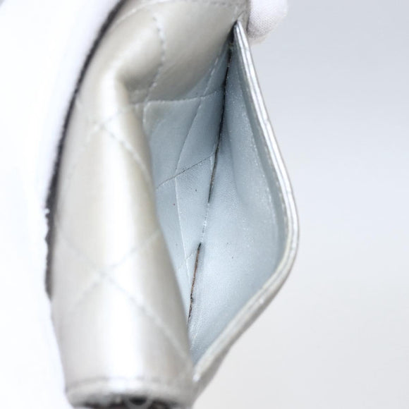 CHANEL Matelasse Card Case Leather Silver CC Auth 171336