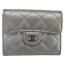 CHANEL Matelasse Card Case Leather Silver CC Auth 171336-2