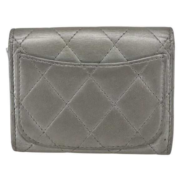 CHANEL Matelasse Card Case Leather Silver CC Auth 171336