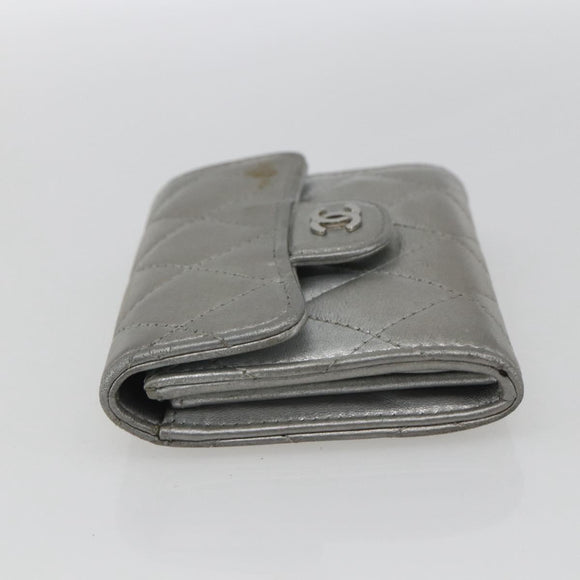 CHANEL Matelasse Card Case Leather Silver CC Auth 171336