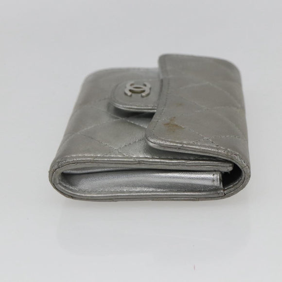 CHANEL Matelasse Card Case Leather Silver CC Auth 171336