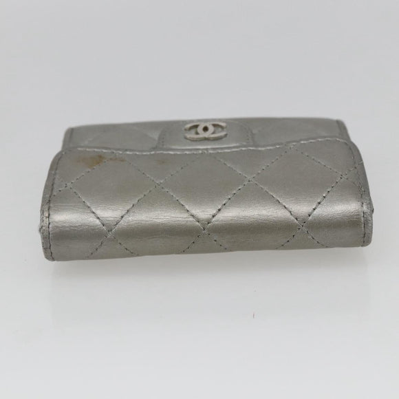 CHANEL Matelasse Card Case Leather Silver CC Auth 171336