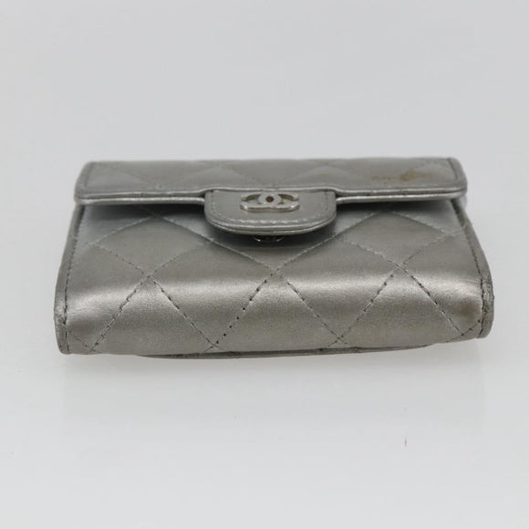CHANEL Matelasse Card Case Leather Silver CC Auth 171336
