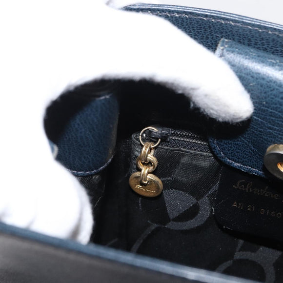 Salvatore Ferragamo Gancini Shoulder Bag Leather Navy Gold Auth 171376