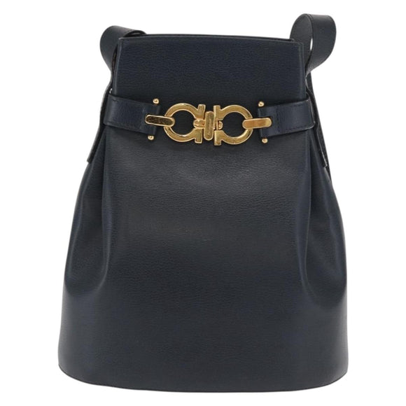 Salvatore Ferragamo Gancini Shoulder Bag Leather Navy Gold Auth 171376
