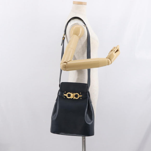 Salvatore Ferragamo Gancini Shoulder Bag Leather Navy Gold Auth 171376