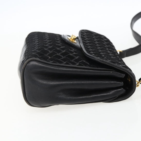BALLY Shoulder Bag Leather Suede Black Gold Auth 171410