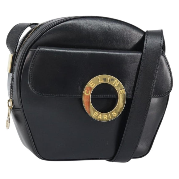 CELINE Circle Shoulder Bag Leather Black Gold Auth 171411V