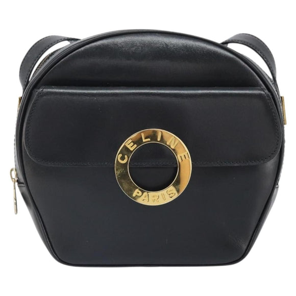 CELINE Circle Shoulder Bag Leather Black Gold Auth 171411V