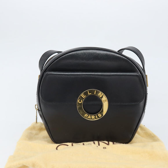 CELINE Circle Schultertasche Leder Schwarz Gold Auth 171411V