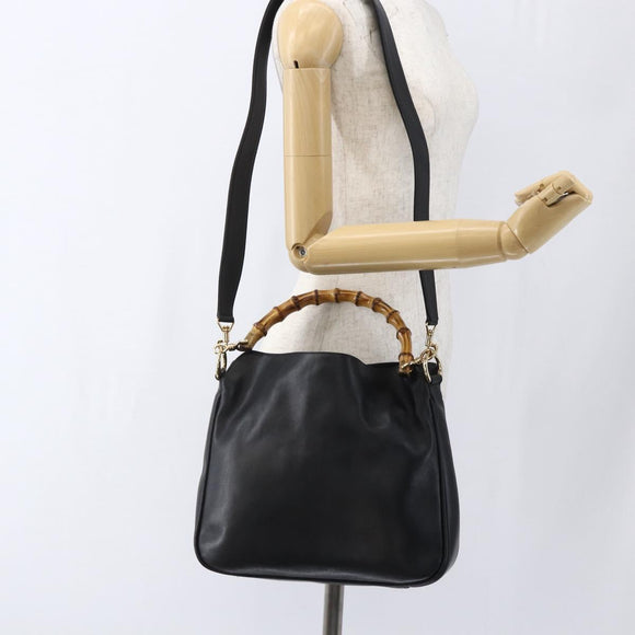 GUCCI Bamboo Shoulder Bag Leather 2way Black Gold 001 2058 1638 Auth 171417