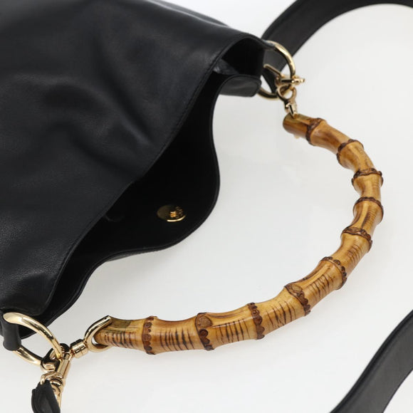 GUCCI Bamboo Shoulder Bag Leather 2way Black Gold 001 2058 1638 Auth 171417