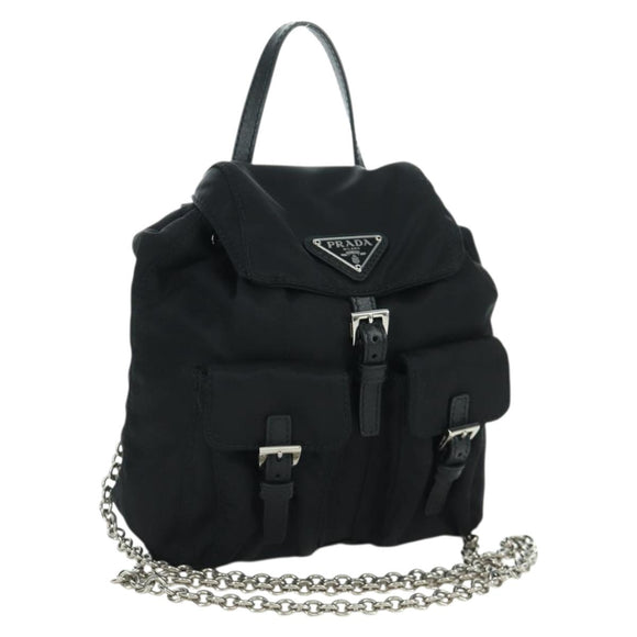 PRADA Umhängetasche Kette Nylon Schwarz Silber Auth 171449M