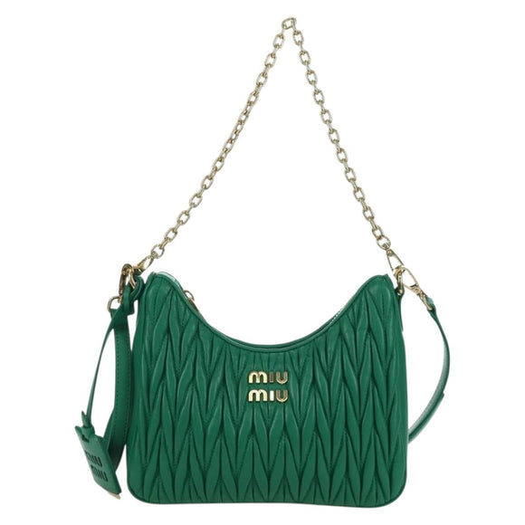 Miu Miu Matelasse Chain Shoulder Bag Leather 2way Green Gold Auth 171450SAM