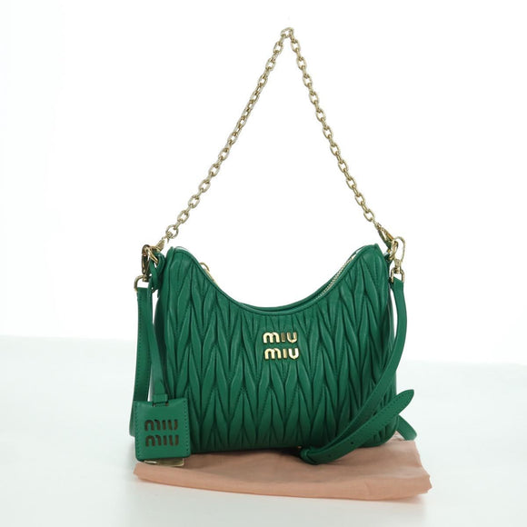 Miu Miu Matelasse Chain Shoulder Bag Leather 2way Green Gold Auth 171450SAM