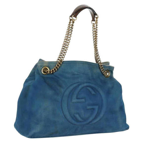 GUCCI Soho Chain Shoulder Bag Canvas Blue Gold 308982 Auth 171460