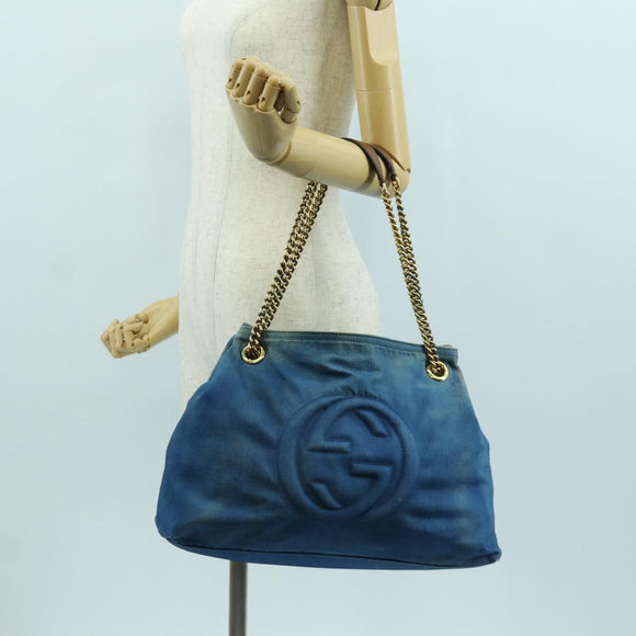 GUCCI Soho Chain Shoulder Bag Canvas Blue Gold 308982 Auth 171460