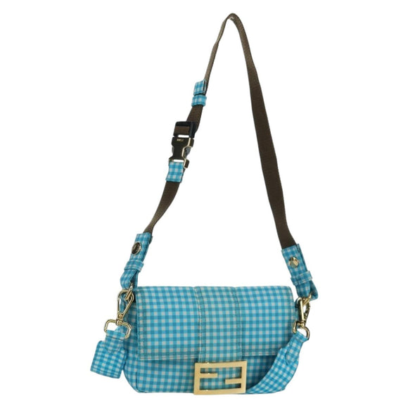 FENDI Mamma Baguette Shoulder Bag Nylon 2way Light Blue Gold Auth 171465M
