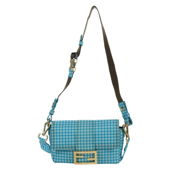 FENDI Mamma Baguette Shoulder Bag Nylon 2way Light Blue Gold Auth 171465M