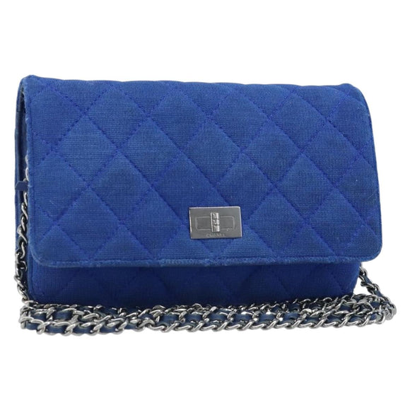 CHANEL Chain Matelasse 2.55 Shoulder Bag Canvas Navy Silver CC Auth 171466A