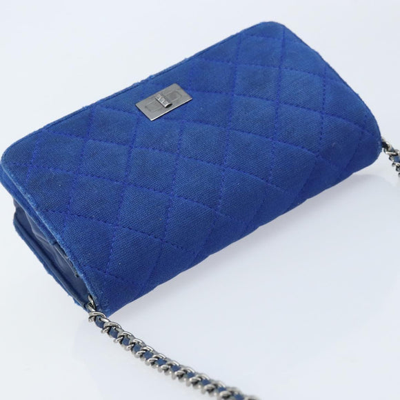 CHANEL Chain Matelasse 2.55 Shoulder Bag Canvas Navy Silver CC Auth 171466A