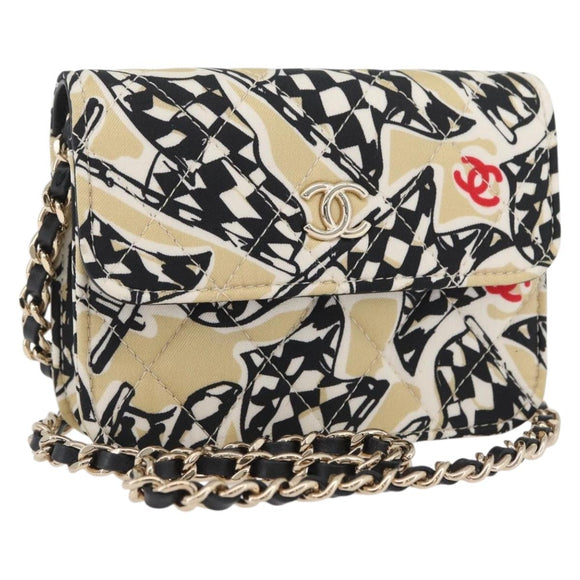CHANEL Mini Matelasse 12 Chain Pouch Shoulder Satin Beige Gold CC Auth 171471SAM