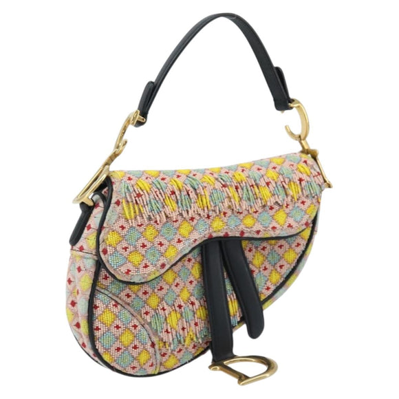 Christian Dior Beads Saddle Hand Bag Canvas Multicolor Gold Auth 171485SM