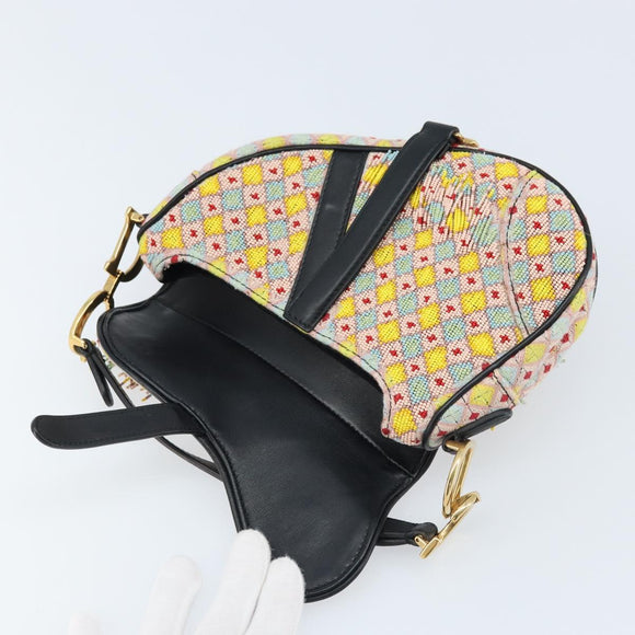 Christian Dior Beads Saddle Hand Bag Canvas Multicolor Gold Auth 171485SM