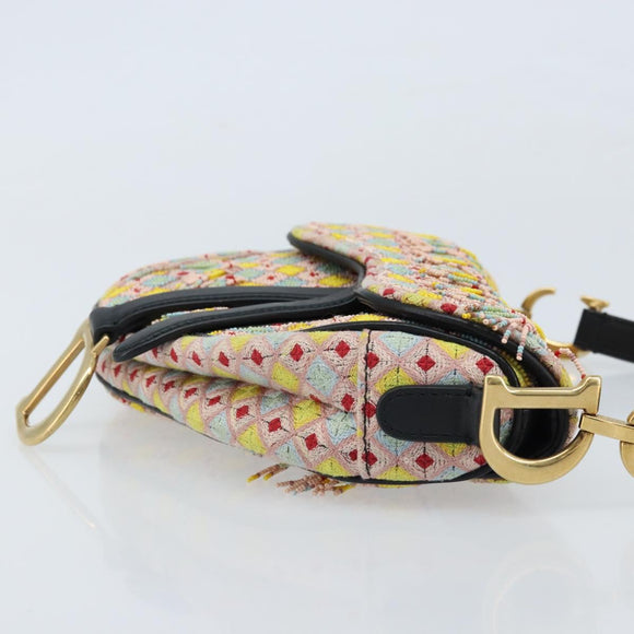 Christian Dior Beads Saddle Hand Bag Canvas Multicolor Gold Auth 171485SM