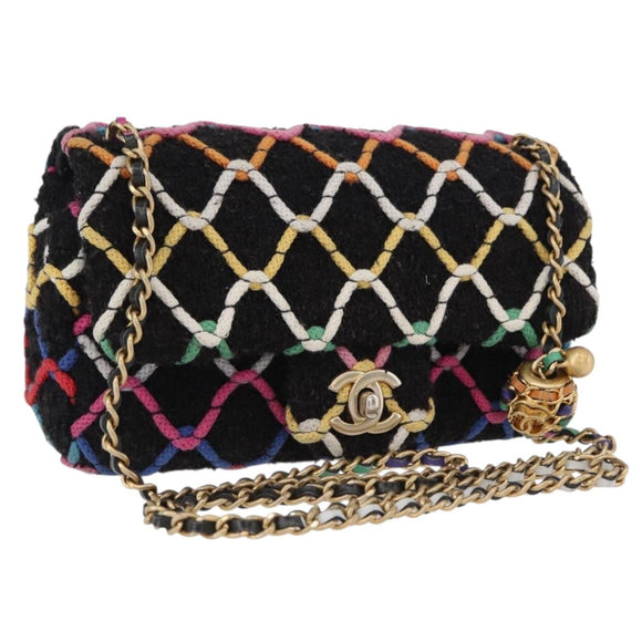 CHANEL Mini Matelasse 20 Chain Shoulder Bag Tweed Black Gold CC Auth 171505SAM