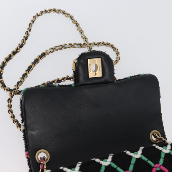CHANEL Mini Matelasse 20 Chain Shoulder Bag Tweed Black Gold CC Auth 171505SAM