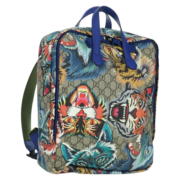 GUCCI GG Supreme Angry Cat Backpack PVC 2way Beige Silver 477875 Auth 171509SAM