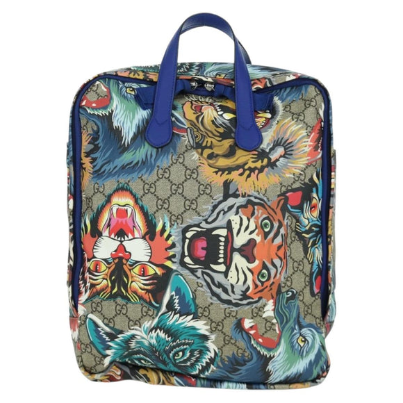 GUCCI GG Supreme Angry Cat Backpack PVC 2way Beige Silver 477875 Auth 171509SAM