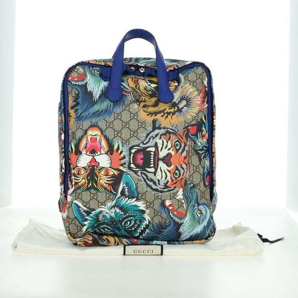 GUCCI GG Supreme Angry Cat Backpack PVC 2way Beige Silver 477875 Auth 171509SAM