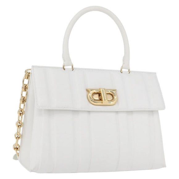 Salvatore Ferragamo Gancini Chain Bag Leather 2way White Gold Auth 171530M