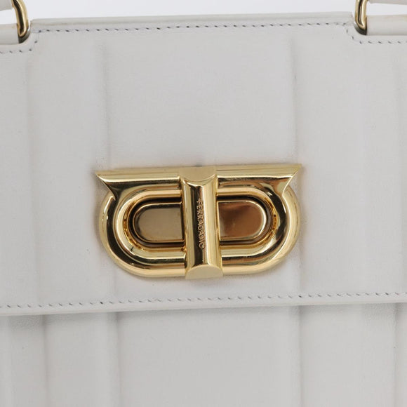 Salvatore Ferragamo Gancini Chain Bag Leather 2way White Gold Auth 171530M