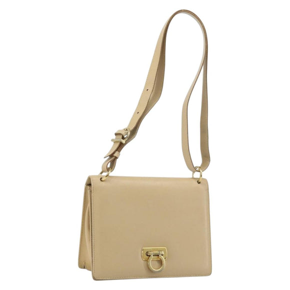 Salvatore Ferragamo Gancini Shoulder Bag Leather Beige Gold Auth 171532
