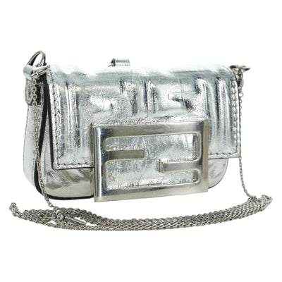 FENDI Zucca Canvas Chain Shoulder Pouch Nano Bucket Bag Silver Auth 171535M