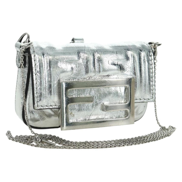 FENDI Zucca Canvas Chain Shoulder Pouch Nano Bucket Bag Silver Auth 171535M