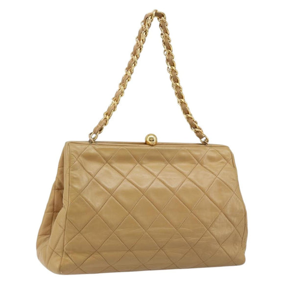 CHANEL Matelasse Chain Shoulder Bag Lamb Skin Beige Gold CC Auth 171543