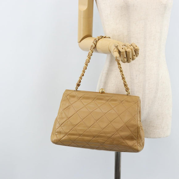 CHANEL Matelasse Chain Shoulder Bag Lamb Skin Beige Gold CC Auth 171543