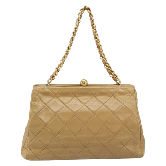 CHANEL Matelasse Chain Shoulder Bag Lamb Skin Beige Gold CC Auth 171543