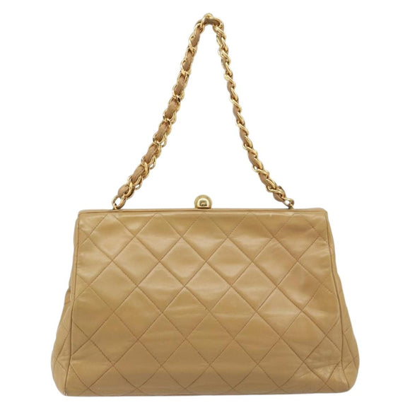 CHANEL Matelasse Chain Shoulder Bag Lamb Skin Beige Gold CC Auth 171543