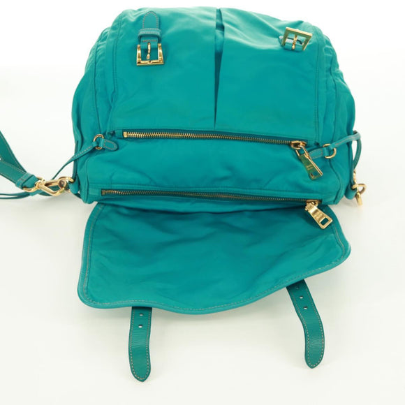 PRADA Shoulder Bag Nylon Turquoise Blue Gold Auth 171551A