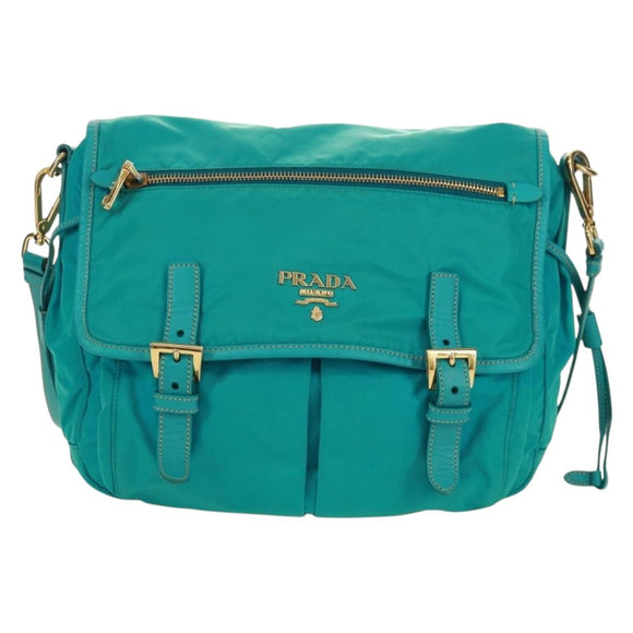 PRADA Shoulder Bag Nylon Turquoise Blue Gold Auth 171551A