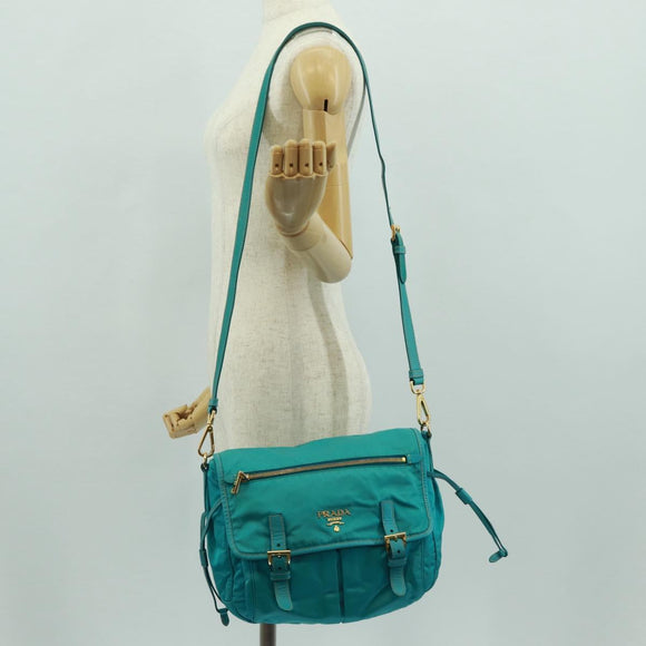 PRADA Shoulder Bag Nylon Turquoise Blue Gold Auth 171551A
