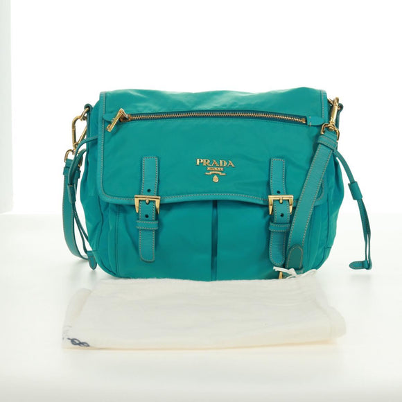 PRADA Shoulder Bag Nylon Turquoise Blue Gold Auth 171551A