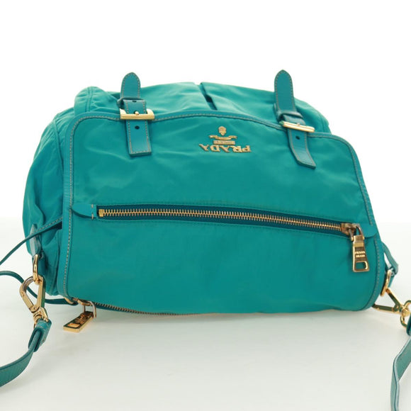 PRADA Shoulder Bag Nylon Turquoise Blue Gold Auth 171551A